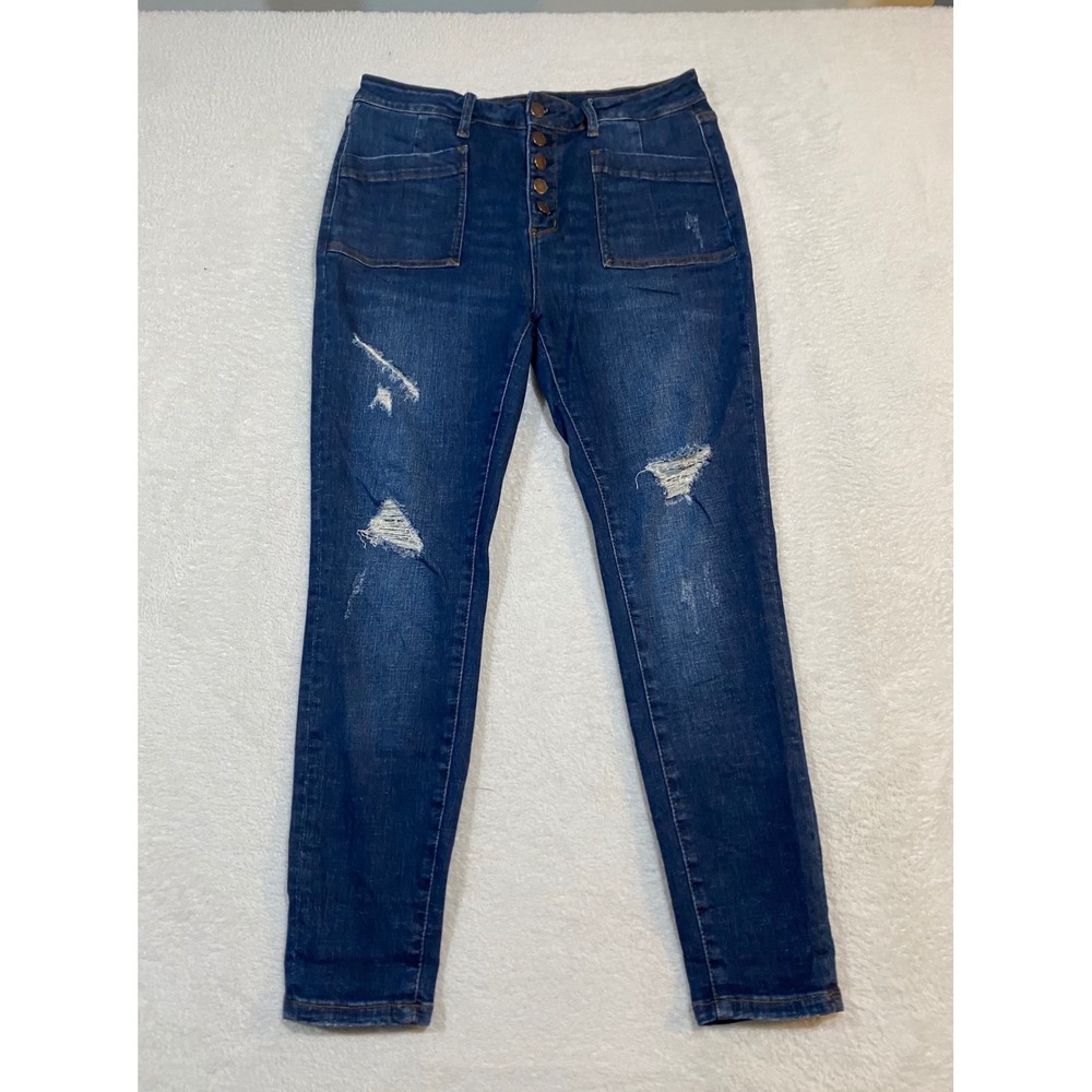 Judy Blue High Rise Distressed Skinny Jeans Button Fly Patch JB88324 13/31